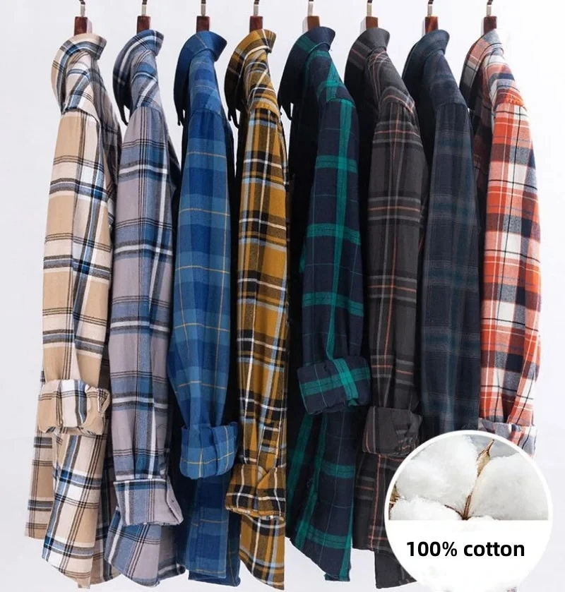 S-6XL Plaid Shirts For Men\'s Long Sleeve Cotton Fashion Single Patch Pocket Design Young Casual Standard-Fit Thick Flannel Shirt