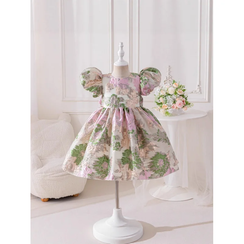 

2025New Girls' Floral Jacquard Fabric Host Birthday Embroidered Princess Dress3Old6Years Old