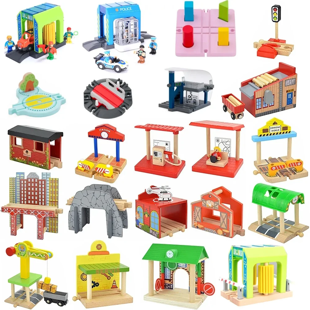 도시 나무 트랙 액세서리 터널 다리 부품, 소방서 경찰서 기차 크로스 로드 블록, 어린이 선물 나무 장난감 