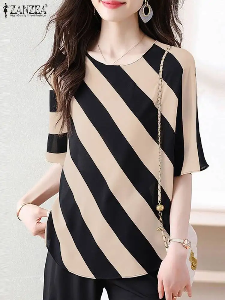 ZANZEA Korean Fashion Half Sleeve Blouses Women Elegant O Neck Striped Blusas 2024 Summer Casual Loose Tunic Tops Commute Shirts