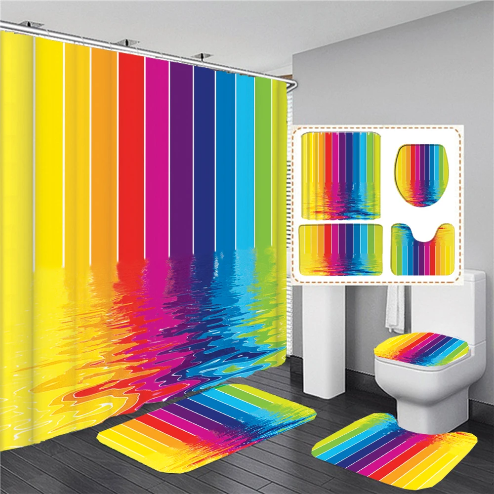 

Colourful Geometric Waterproof Polyester Shower Curtain Set Anti-slip Soft Bath Carpet Mat Lid Toilet Cover Bathroom Set Decor