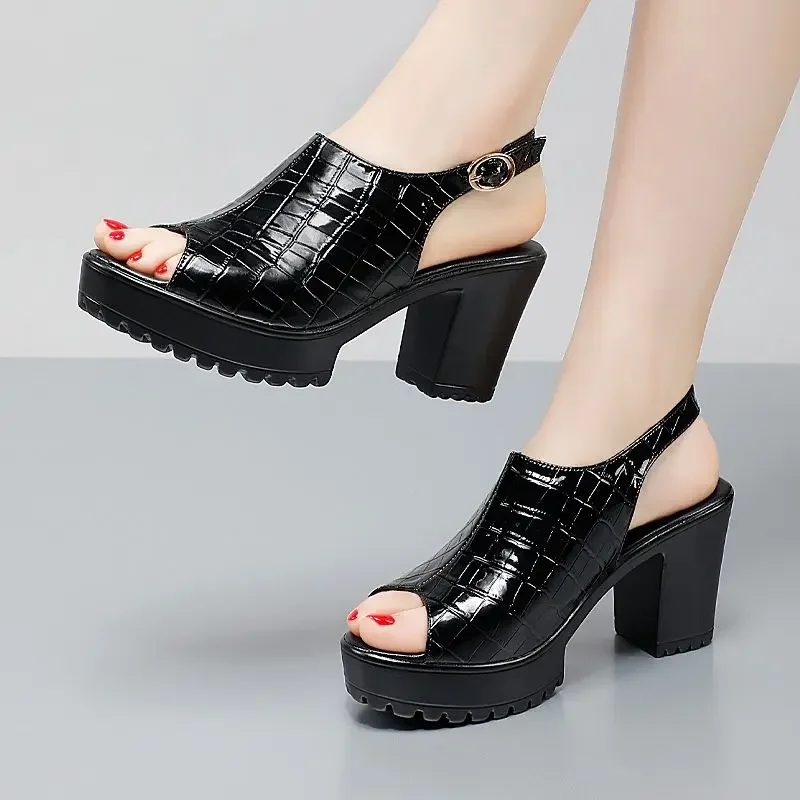 Small Size 32-43 Elegant Block High Heels Sandals Patent Leather Shoes Summer 2024 Thick Platform Sandals Women Office Model