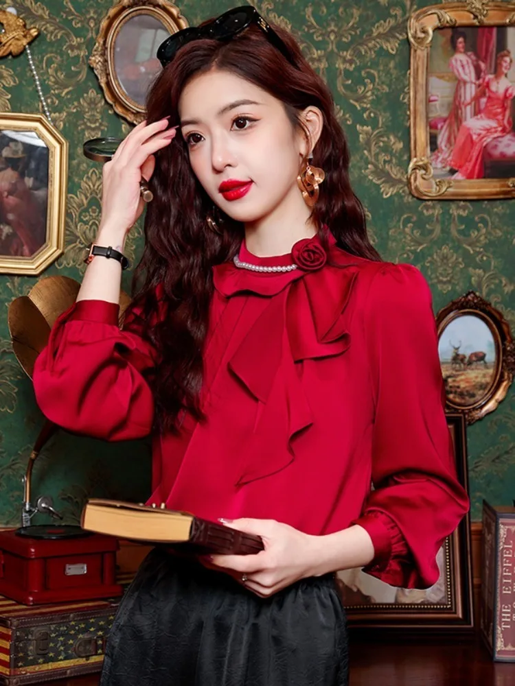 2024 Spring Elegant Red Satin Women Beading Ruffles Blouse Long Sleeve Fashion Korean Office Ladies Work Shirt Basic Female Tops