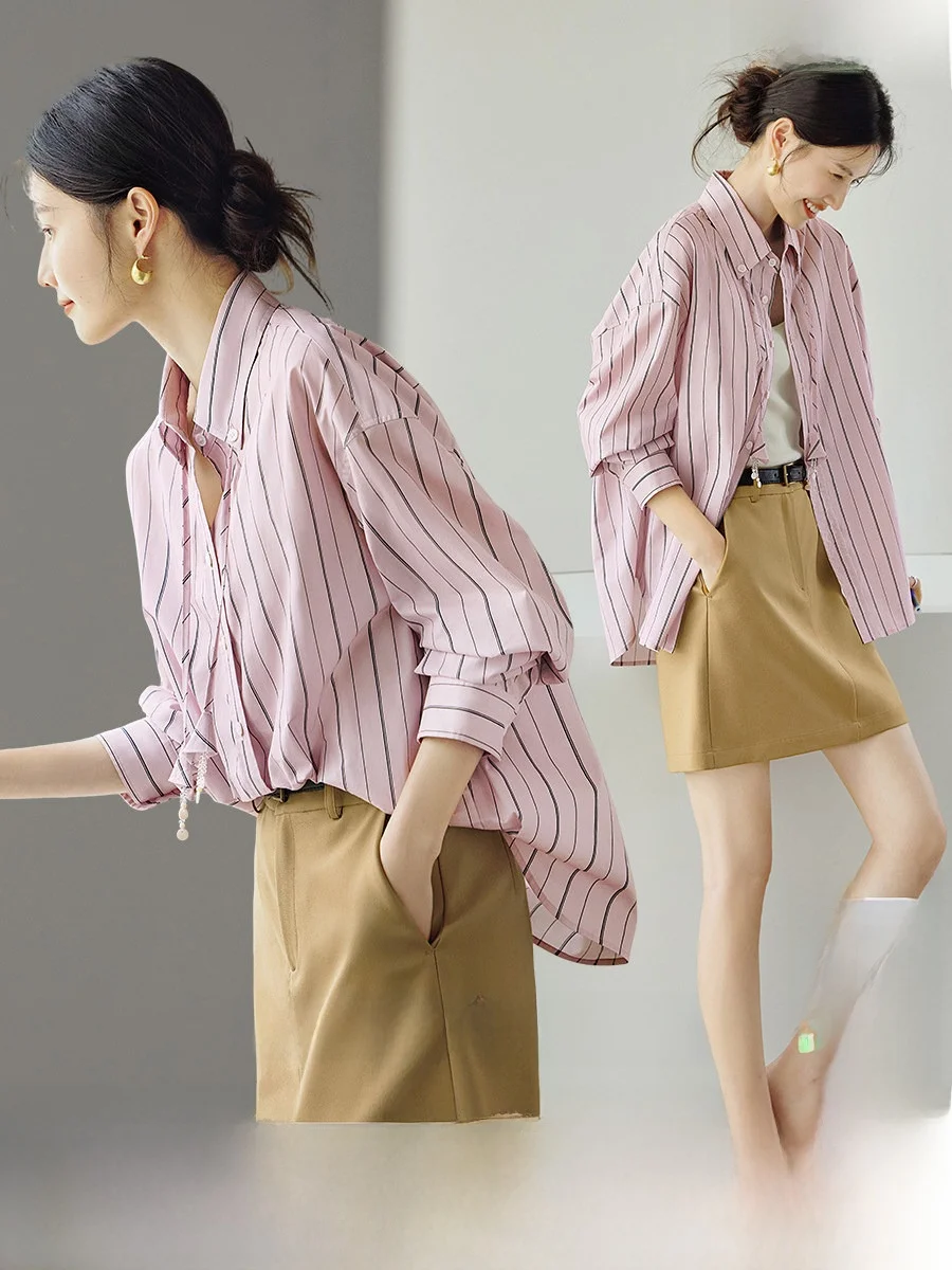 

Женская повседневная рубашка XWI из чистого хлопка, розовая в полоску, свободного кроя, стройнящая, летняя, 2026, универсальный топ, комфортная посадка, длинный рукав, на пуговицах