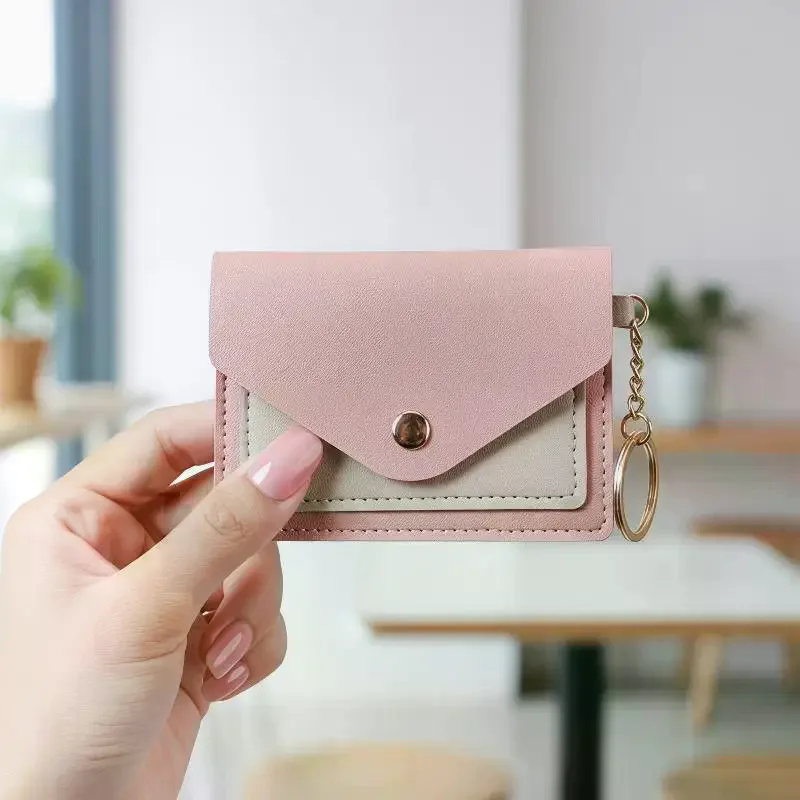 Candy Color Coin Case With Keyring Fashion Slim Pu Leather Wallet Business Credit Card Holder Short Purse Leather ID Card Holder