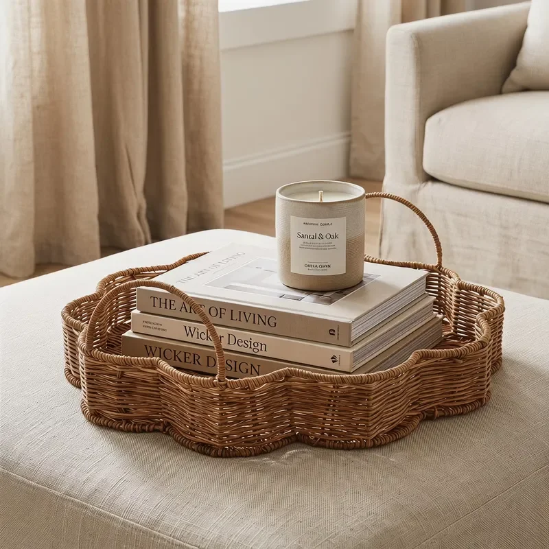 Natural Rattan Serving Tray Classic Shape Spacious Design for Coffee Snacks Beverages Kitchen Household Items Storage