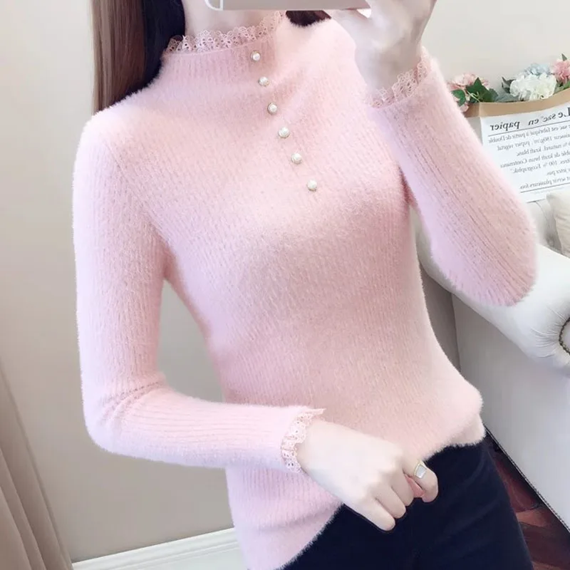 Sueter Feminino dentelle tricoté pull femmes pulls nouveau à manches longues col montant tricot pull haut pour femme tricots Q1800