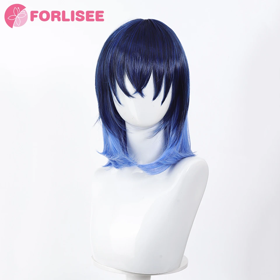 FORLISEE Hashibira Inosuke Short Blue Ombre Wig Kimetsu no Yaiba Heat Resistant Hair Cosplay Costume Wigs