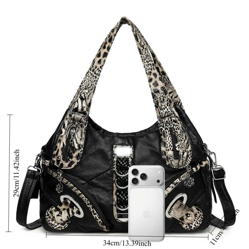 Women Leather Tote Bag Leopard Print, Large Capacity Multi Pocket Crossbody Shoulder Handbag Adjustable Strap, Elegant Bag