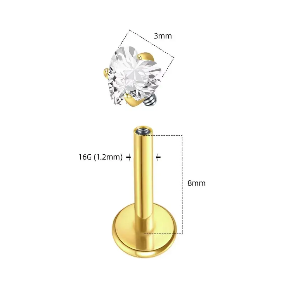 1Pair 16G Stainless Steel Internally Threaded Nose Stud Flat Back Heart CZ Helix Cartilage Tragus Earrings Lip Piercing Jewelry