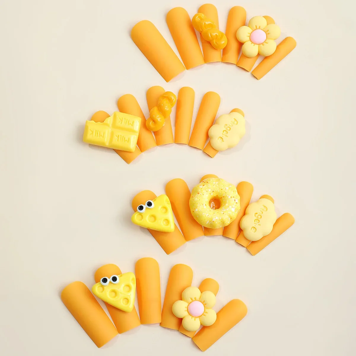 3D Square Sweat Full False Nails Yellow Cheese Wearing Nail France Long Nail Donut Biscuits Detachable Self-adhesive Patch Set