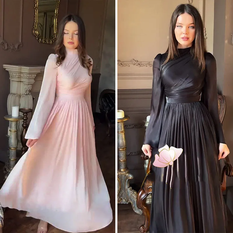 

French Luxury Pleated Wedding Formal Occasion Dresses For Women's Elegant A Line Long Sleeve Chic Shine Robe Holiday Clothes