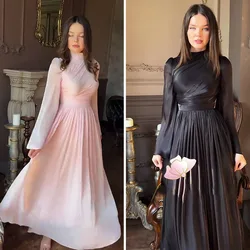French Luxury Pleated Wedding Formal Occasion Dresses For Women's Elegant A Line Long Sleeve Chic Shine Robe Holiday Clothes
