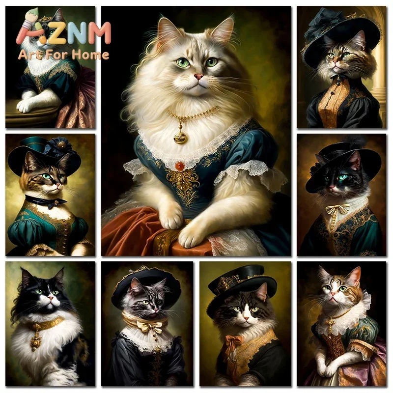 Renaissance European Aristocrat Black Cat White Cat Drink Beer Elegant Animals Poster Canvas Print Wall Art For Room Home Decor