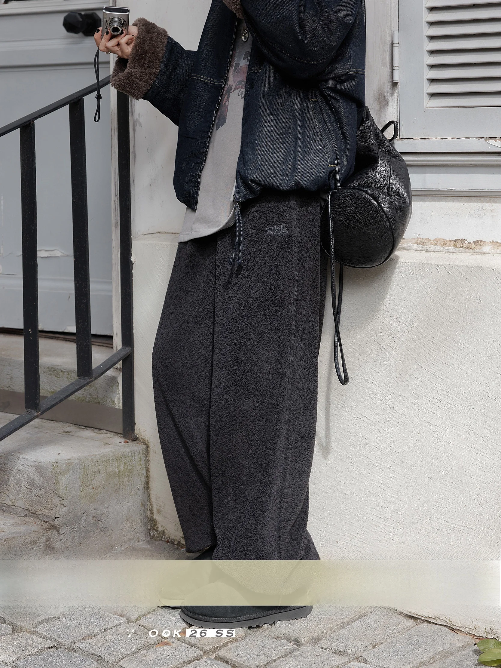 

VNOOK Drawstring Wide Leg Sweatpants Women's Fleece Loose Elastic Casual Straight Cut Two-Way Wear Long Trousers
