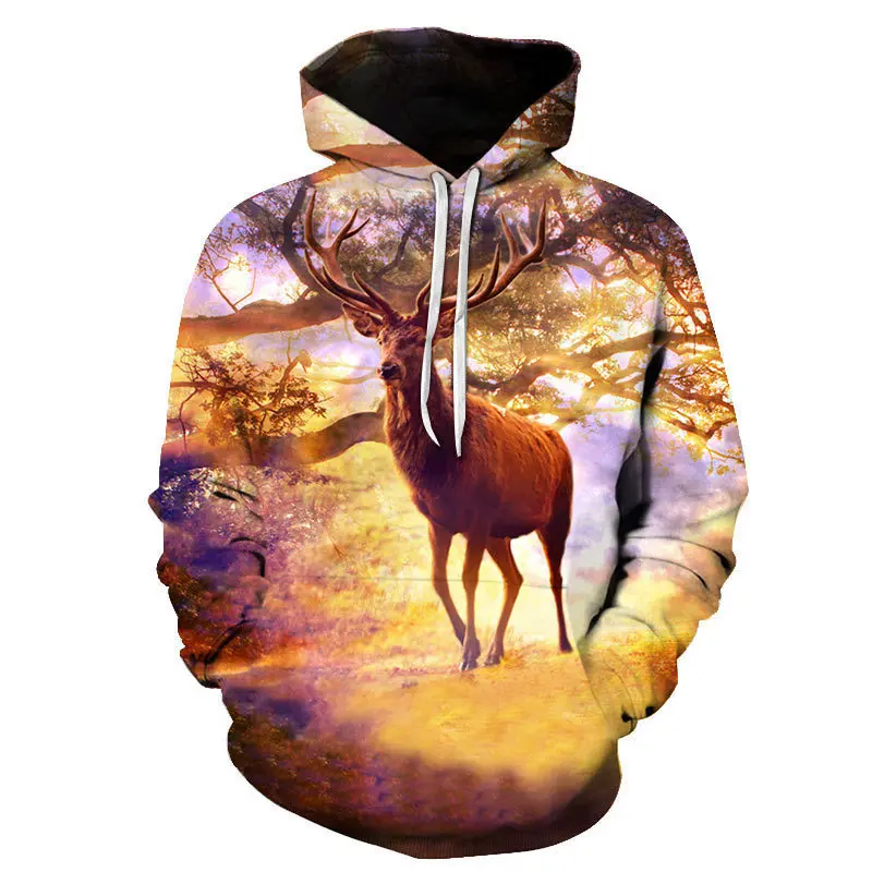 

Stylish Deer/Elk Print Men's Hoodie Comfortable 100% Polyester Winter Fall Streetwear