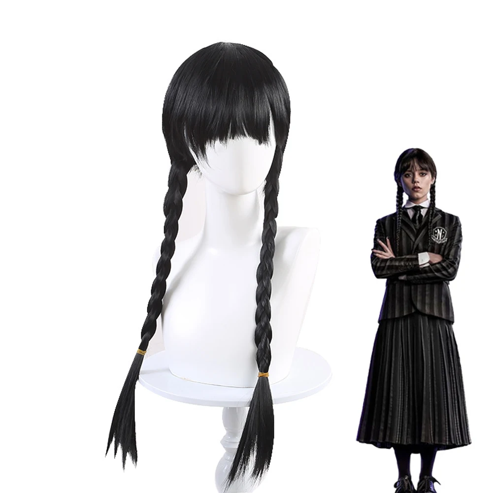 Wednesday Addams Cosplay Wig Heat Resistant Long Black Braids Silky Straight Synthetic Wigs with Bangs for Halloween Party