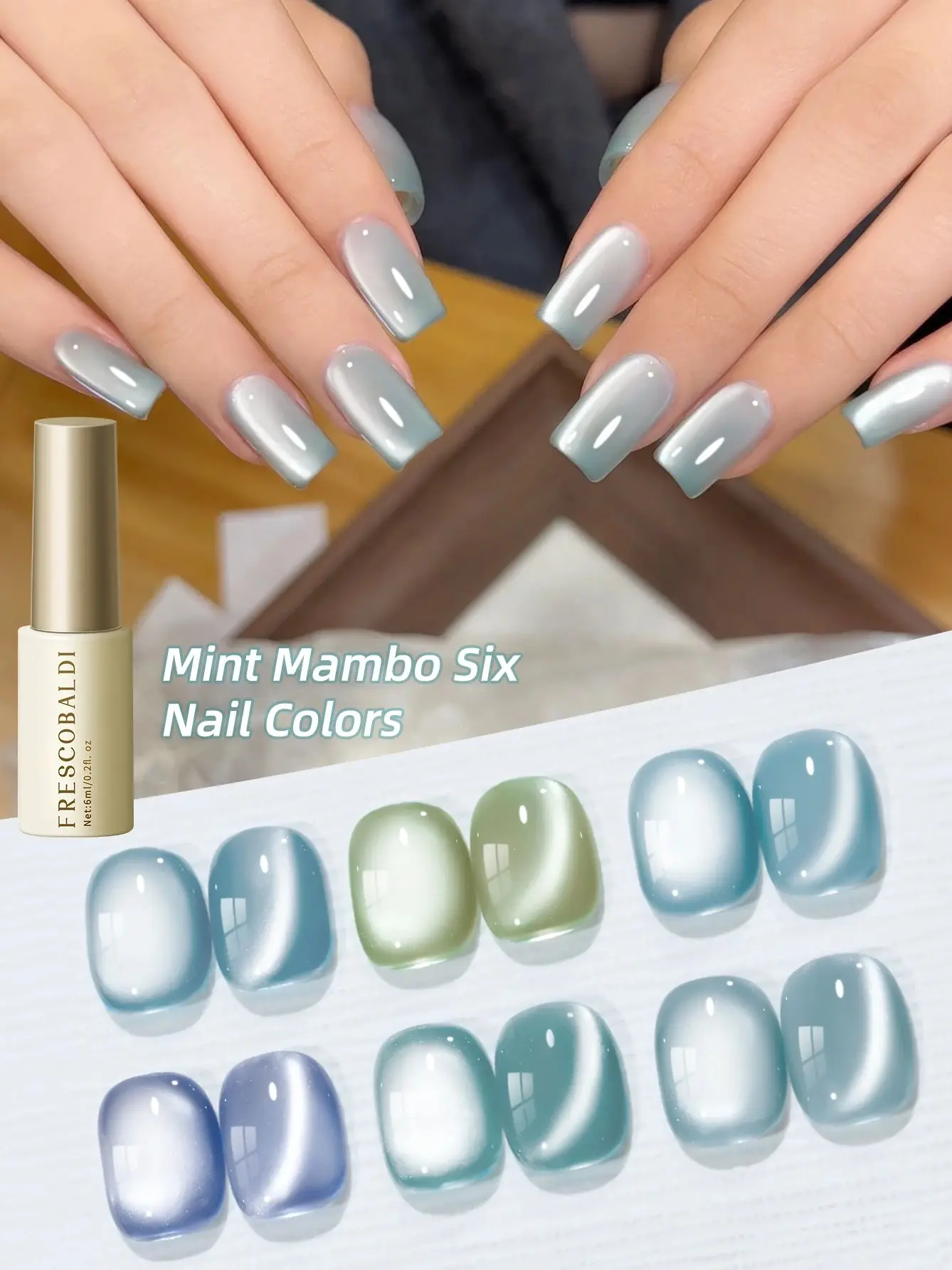 1ps زجاجة أسطوانية النعناع مامبو 6-الوان مجموعة-سلسلة عين القط السوبر مشرق مسمار الفن النعناع مامبو 6-لون مجموعة جل عين القط المغناطيسي G