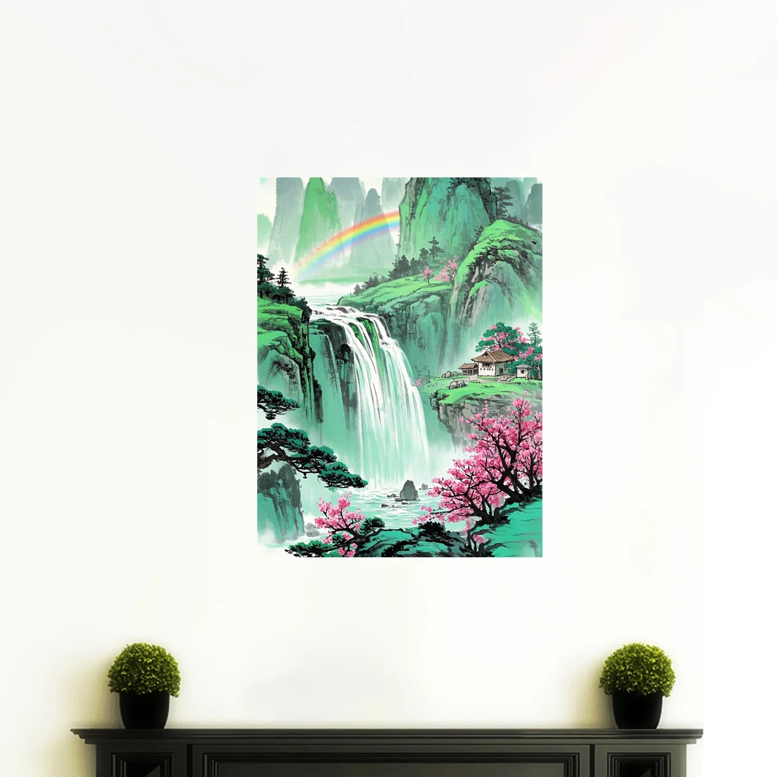 Three Ratels QHD81 mountain canyon full of flowers Ink landscape wall stickers For home decoration