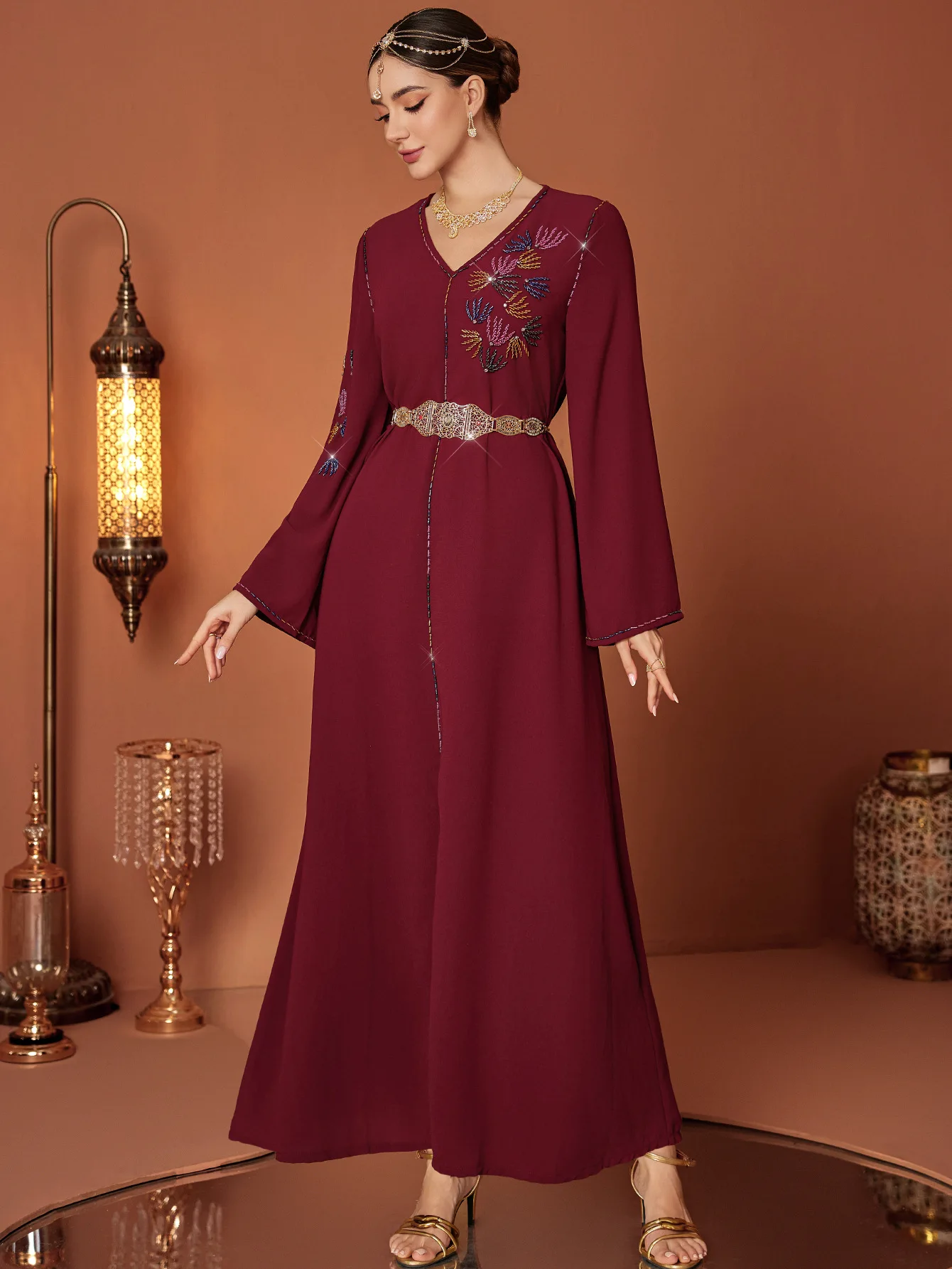 

Eid Muslim Dress Women Abaya Long Dresses V Neck Diamond Embroidery Vestidos Largos Party Jalabiya Ramadan Long Robe 2025
