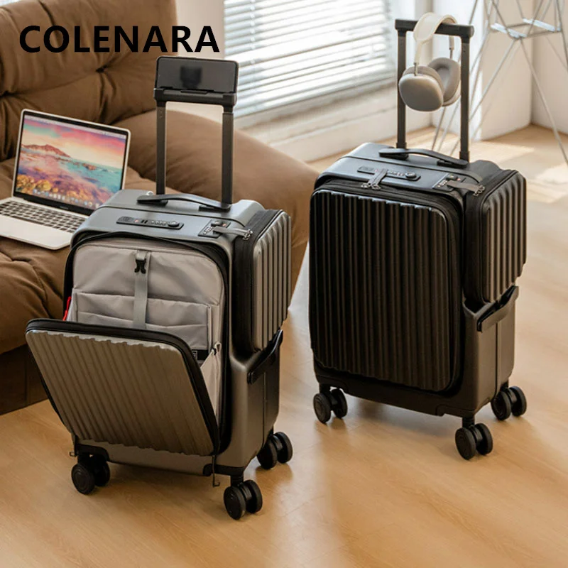 COLENARA Cabin Luggage PC Front Opening Boarding Box USB Charging Trolley Case Zipper Password Box with Wheels Rolling Suitcase