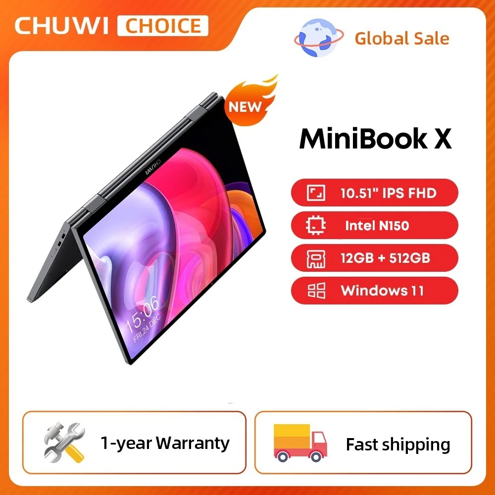 CHUWI MiniBook X ordinateur portable tablette 2 en 1 Intel N150 CPU 10.51 "FHD IPS écran 12GB LPDDR5 512G SSD Windows 11 ordinateur portable 1200*1920