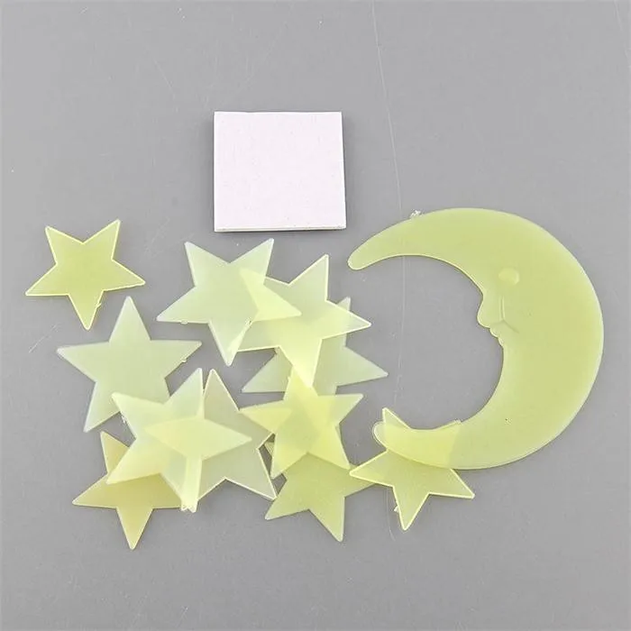 Stars Moon Sun Luminous Glow In The Dark Fluorescent Home Wall Stickers Decal (11 Stars +1 moon)/set