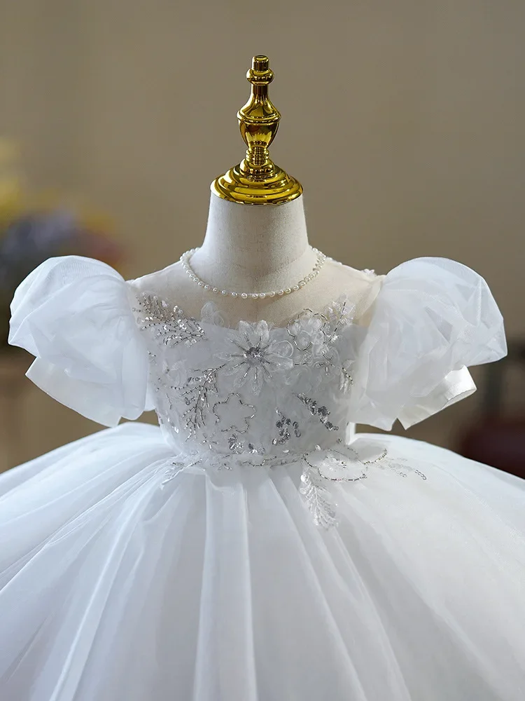 Tenues de fête d'anniversaire pour enfants, fleurs de mariage pour bébés filles, robes luxueuses, boule blanche pour bébé, vêtements de princesse pour tout-petits