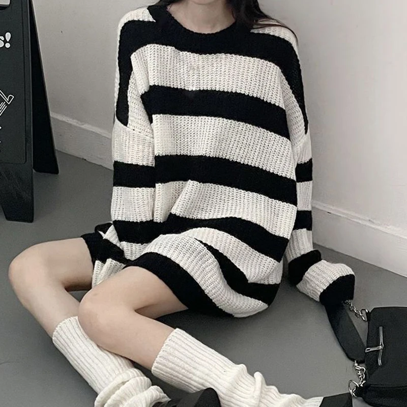 Gidyq Women Knitted Sweater Autumn Casual Stripe Loose Long Sleeve Tops Korean Y2K Female Streetwear All Match Jumper New