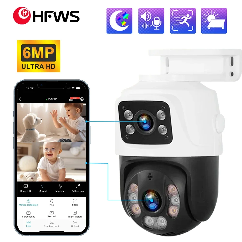 xmeye camera de vigilancia externa sem fio camera ip ptz lente dupla com tela dupla deteccao humana rastreamento automatico onvif cctv 6mp 01