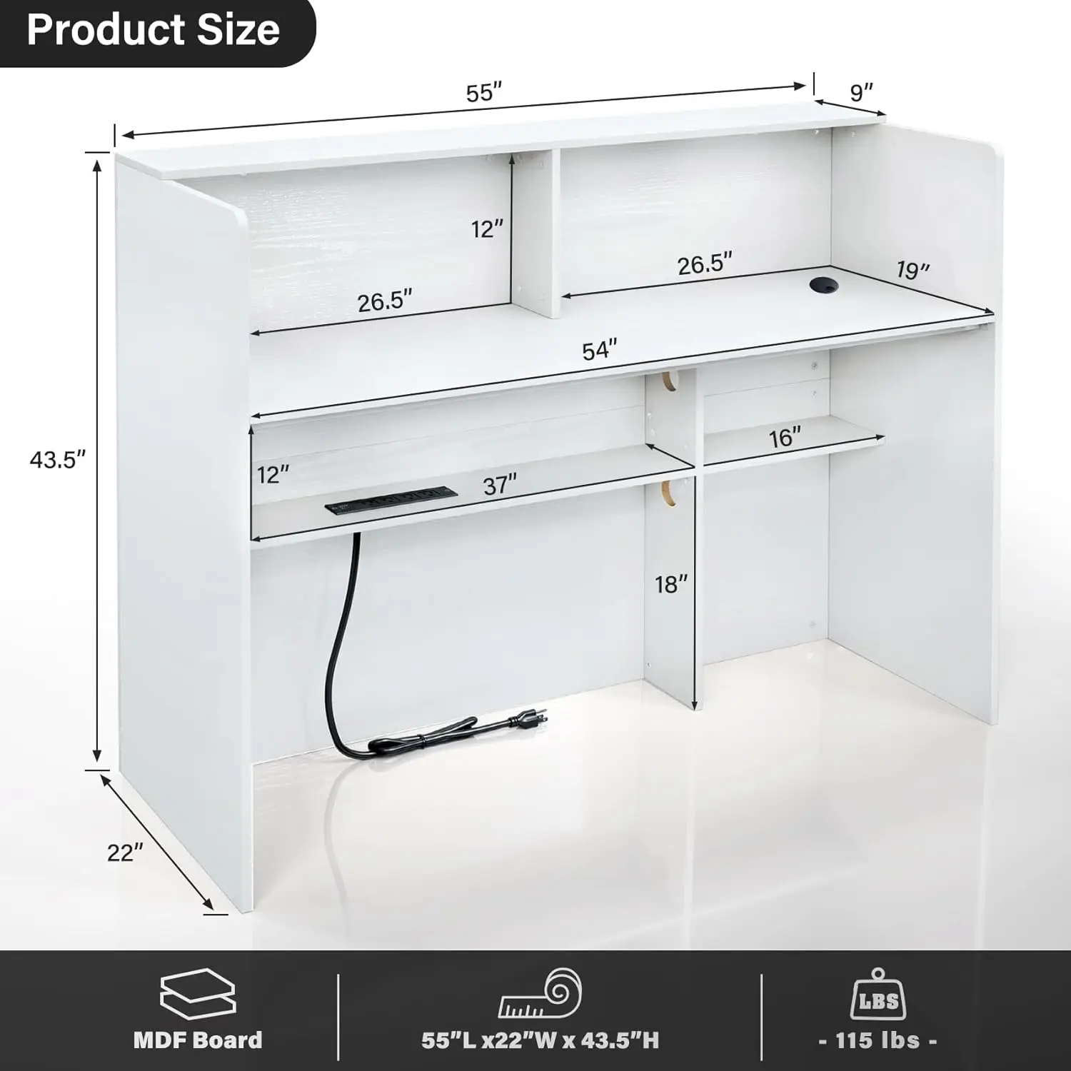 Desk with LED Lights, 55'' Reception Counter Modern with Storage Shelves and Cable Grommet, Front Desk Reception Room Table, Rec