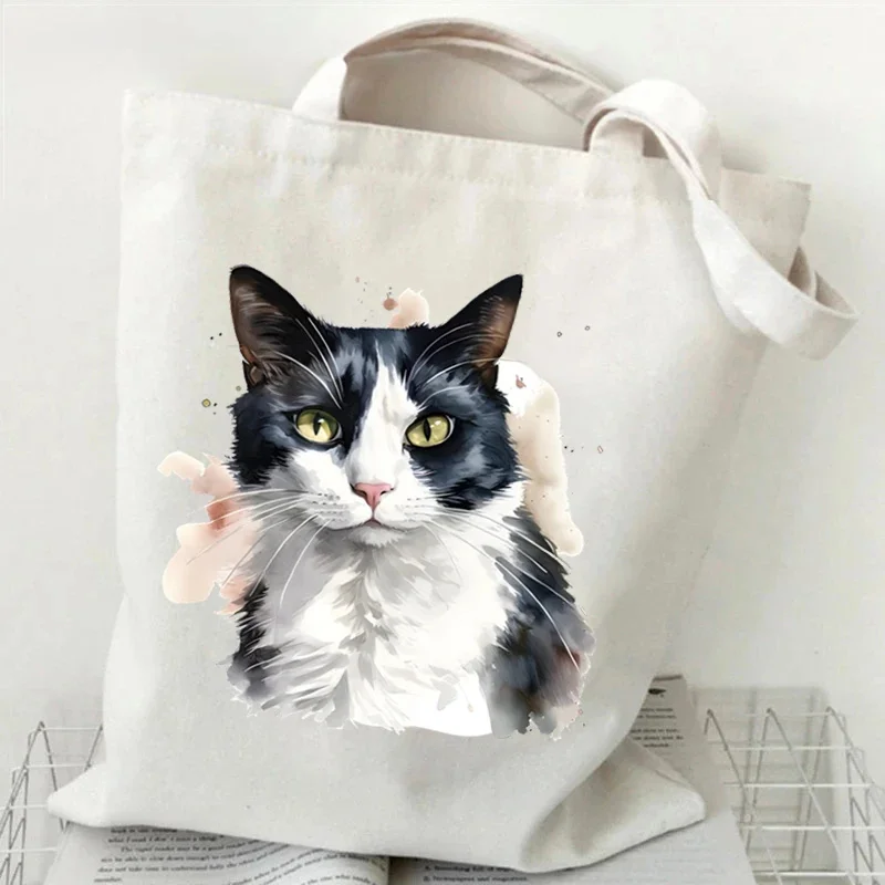 Funny Cow Cat Handbag Women Cartoon Aesthetics Kitten Design Shopping Bags Teen Cat Lover Reusable Tote Bag Female Shoulder Bag