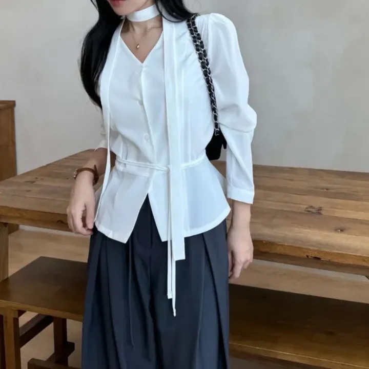 Ele V-ne Long Sve irt Damen Chic Spring Faion Single Button Ne Hängende Taille Cinching Vielseitiger Damen irt