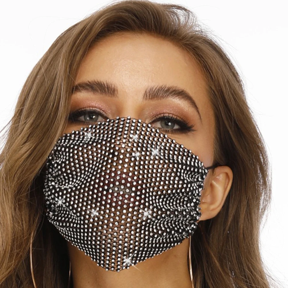 

1pc Water Drill Face Mask Women Fashion Rhinestone Decorative Creative Mouth Cover Thin Breathable Comfortable Black For