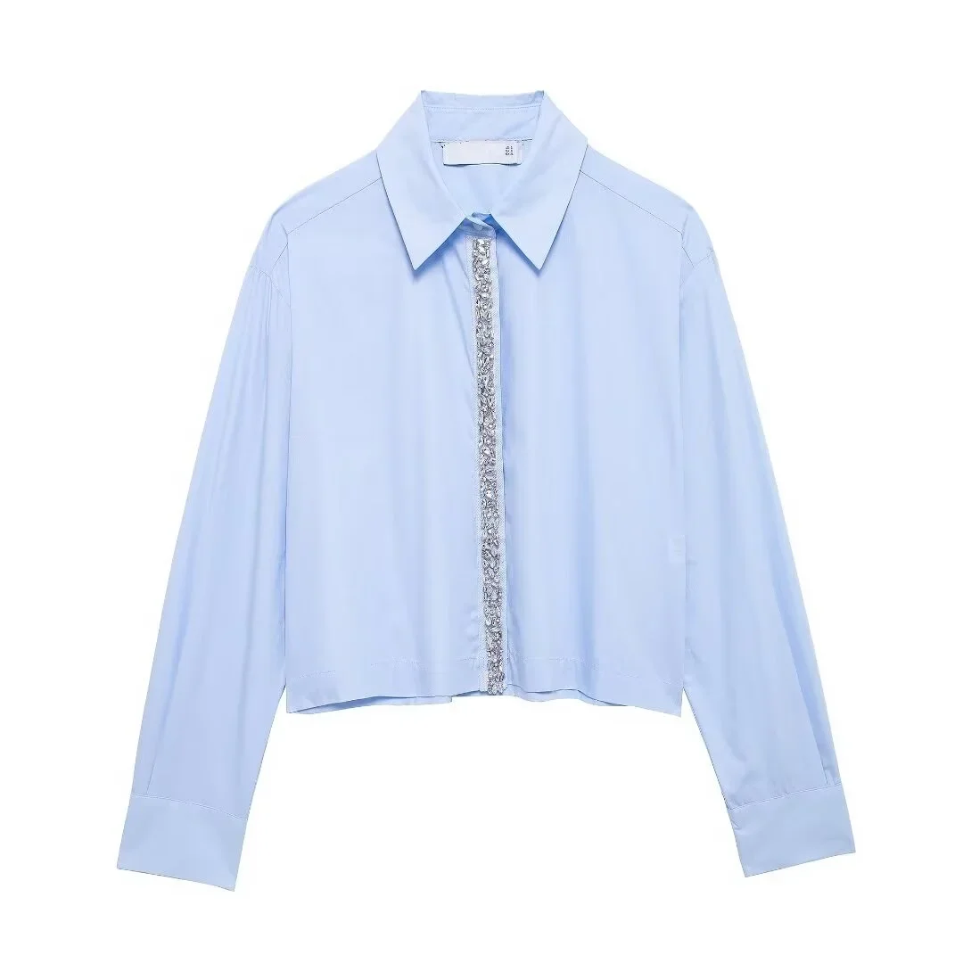 Tangada Women Blue Beading Cotton Blouse Shirt Long Sleeve 2024 Chic Female Oversized Top BE0442