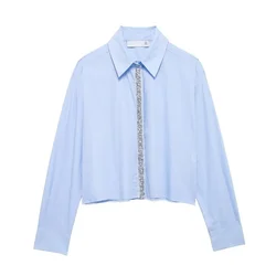 Tangada Women Blue Beading Cotton Blouse Shirt Long Sleeve 2024 Chic Female Oversized Top BE0442