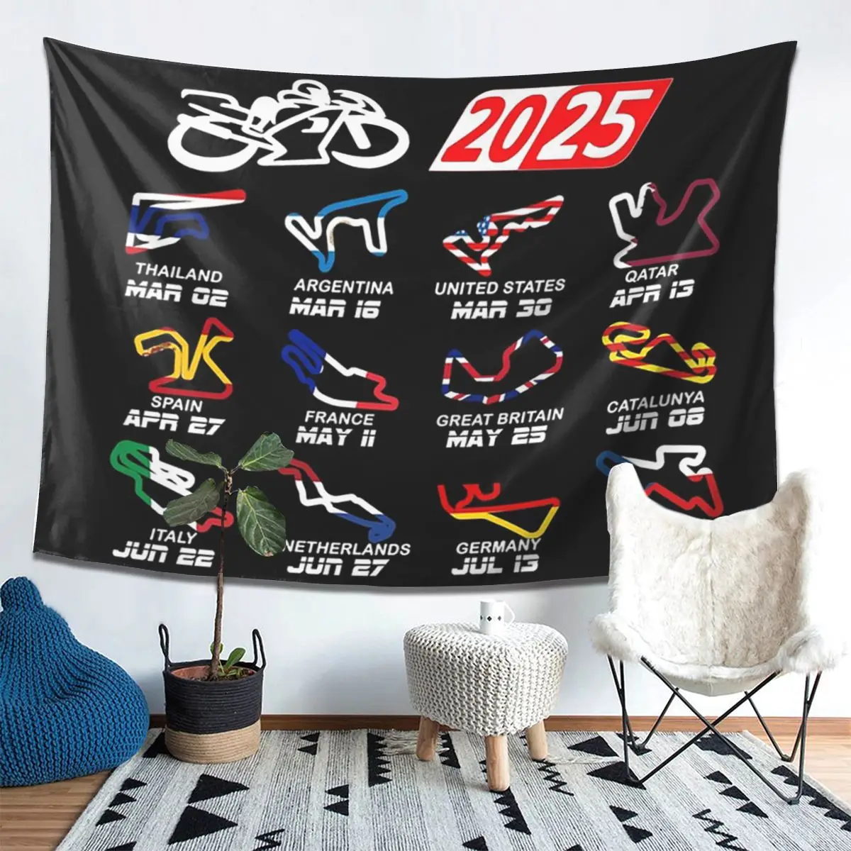 Calendar Season 2025 MotoGp Circuits Tapestry Wall Hanging Aesthetic Home Decor Tapestries for Living Room Bedroom