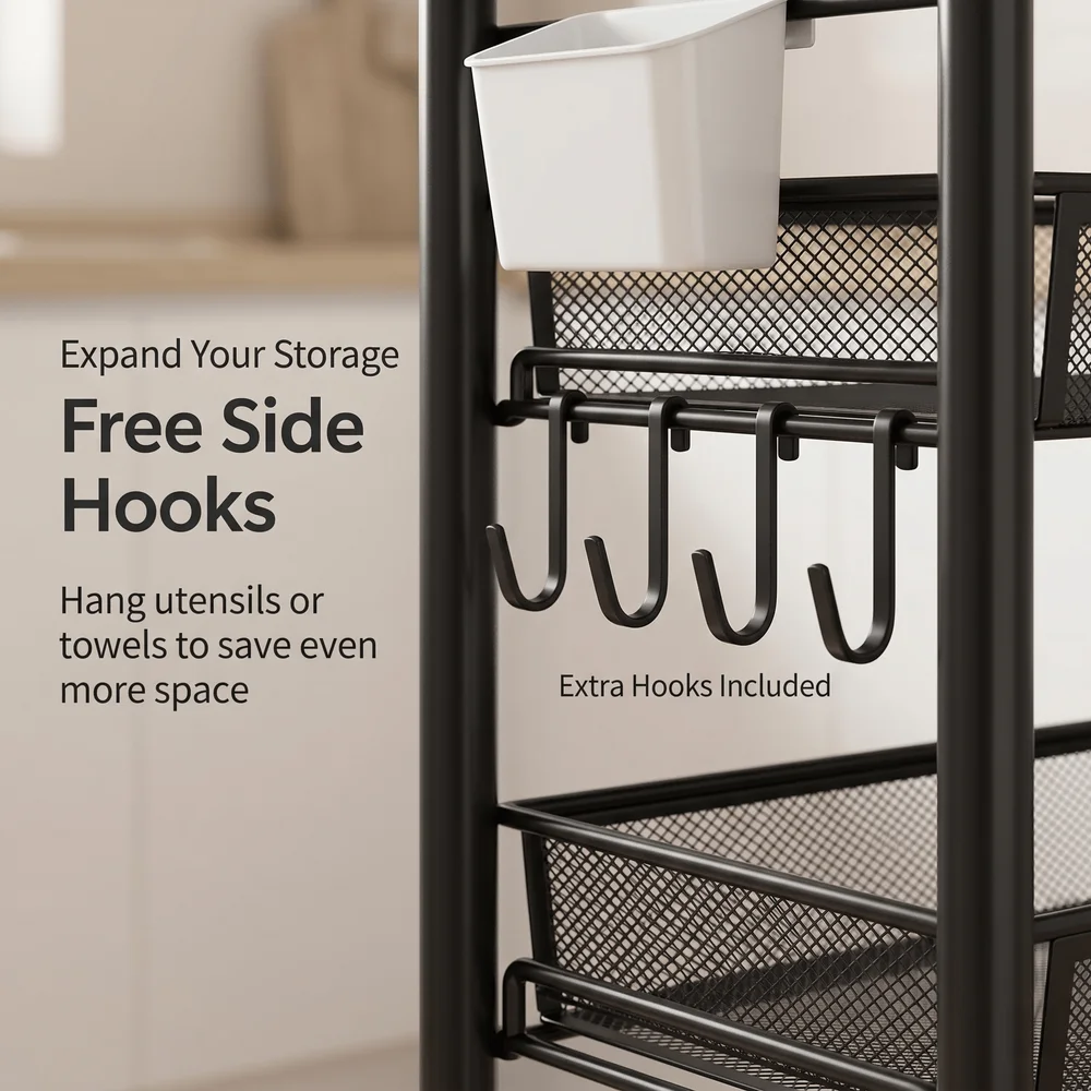 

5 Tier Mesh Wire Rolling Cart, Kitchen Storage Organizer Utility Cart, Full Metal Basket Storage Art Trolley Carts With Wheels