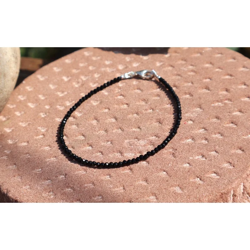 A++ Black Spinal Faceted Round Gemstone Beaded August Birthstone Bracelet 6-8inchinch