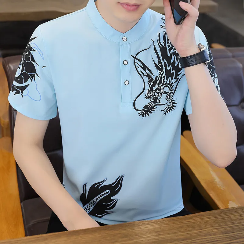 

Summer New Short-sleeved POLO Shirt Men's Stand Collar Printed Ice Silk No Elastic Korean Version Slim T-shirt