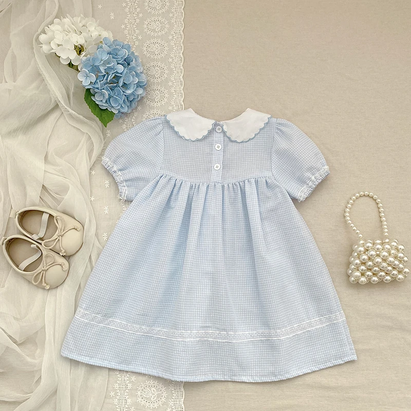 2026 Neues Sommerkleid für 2-6 Jahre, Kurzarm, Blumenmuster, Koreanische Version, Süßes Karokleid mit Besticktem Kragen für Mädchen – Detail 1