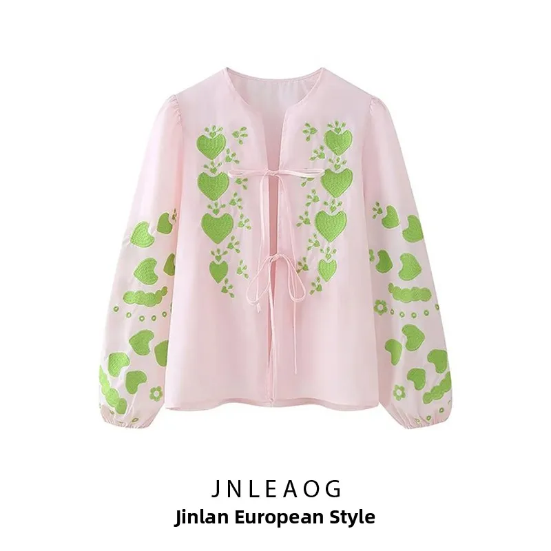 

JNLEAOG Summer New Women's Street Sle Loose Fit irt with Embroidered Tie Long Sve V-Ne Polyester Fiber Commute Faion