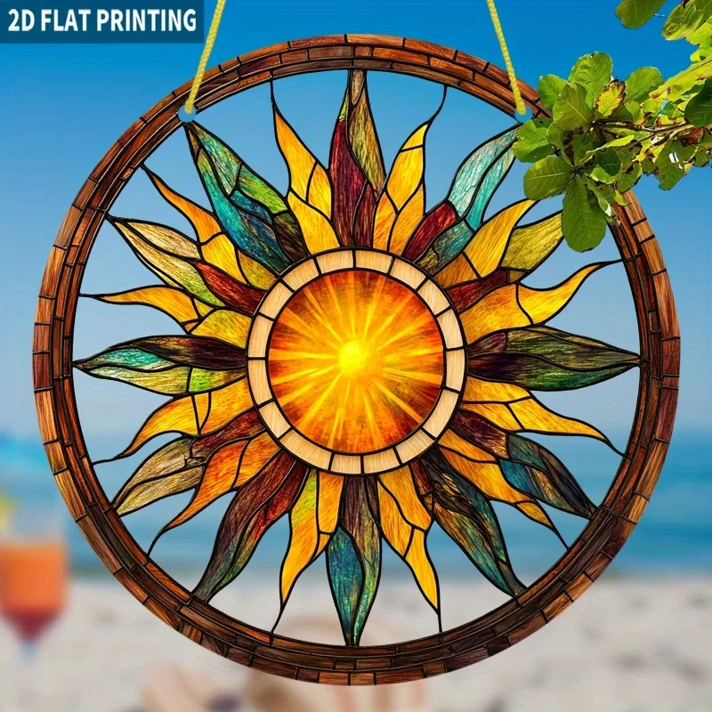 Acrylic Painting Stained Glass Style Vibrant Sunburst with Multicolored Petals and Radiant Sun Core Plastic Window Hanging Sunca