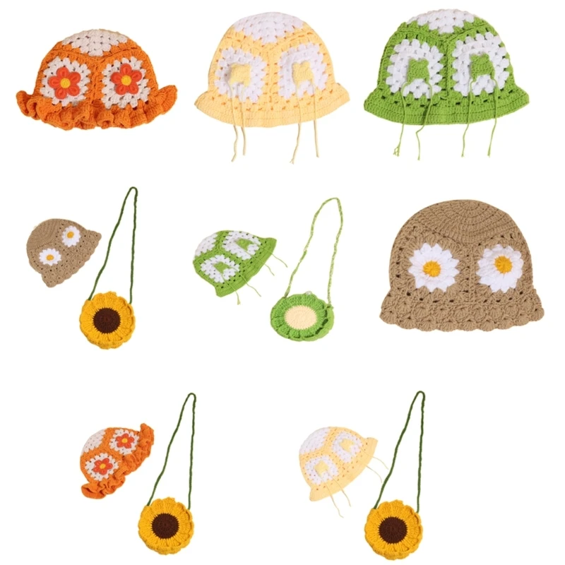 

Girls Colorful Bag Fisherman Hat with Handwoven Flower for Vacations Photo Props Headpiece Handmade Hat Headgear Drop shipping