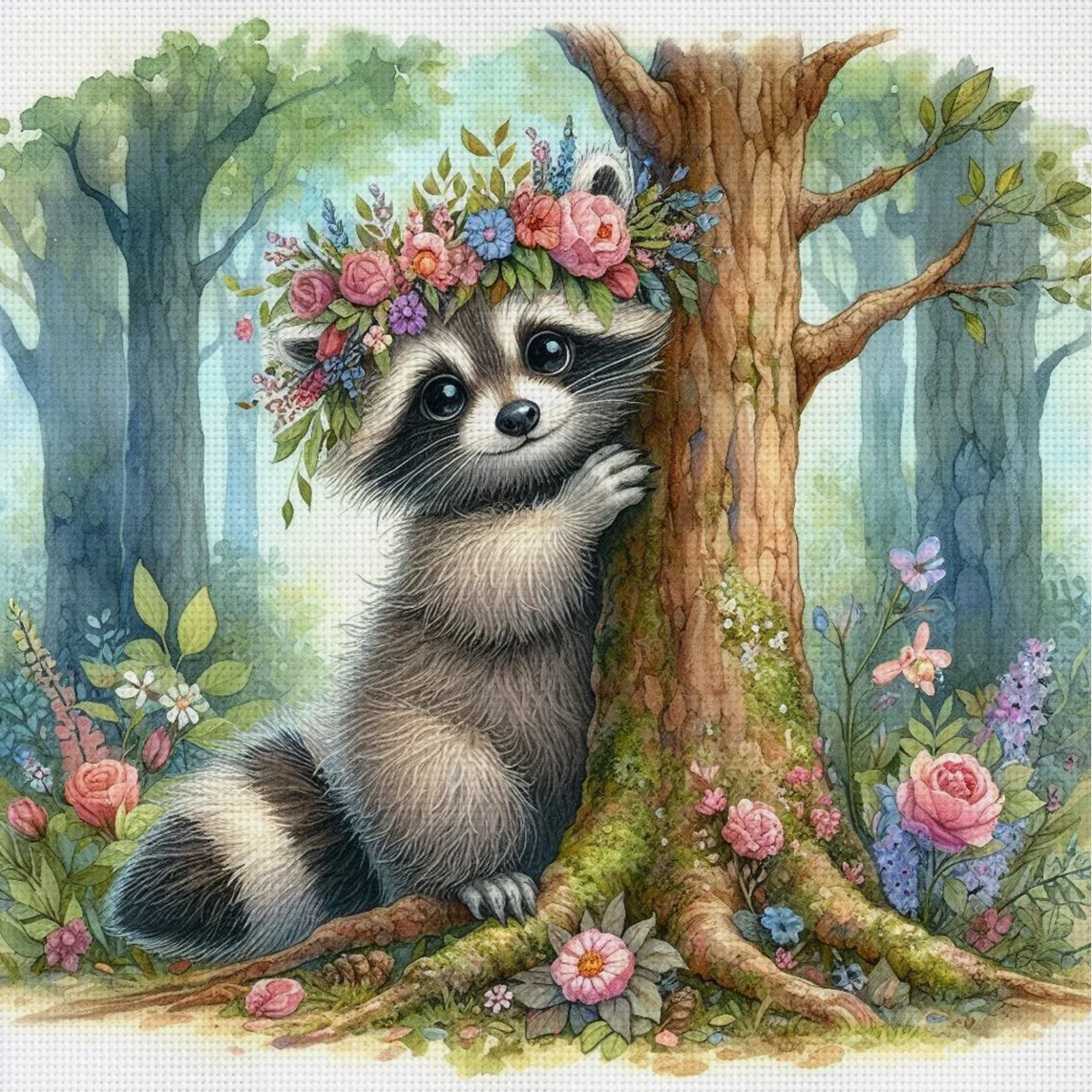 Waschbär & Blumen Kreuzstich-Set DIY 11CT Stickerei Heimwanddekoration Geschenk Handgefertigtes Material Rahmenlos Halbfertig 36×36cm