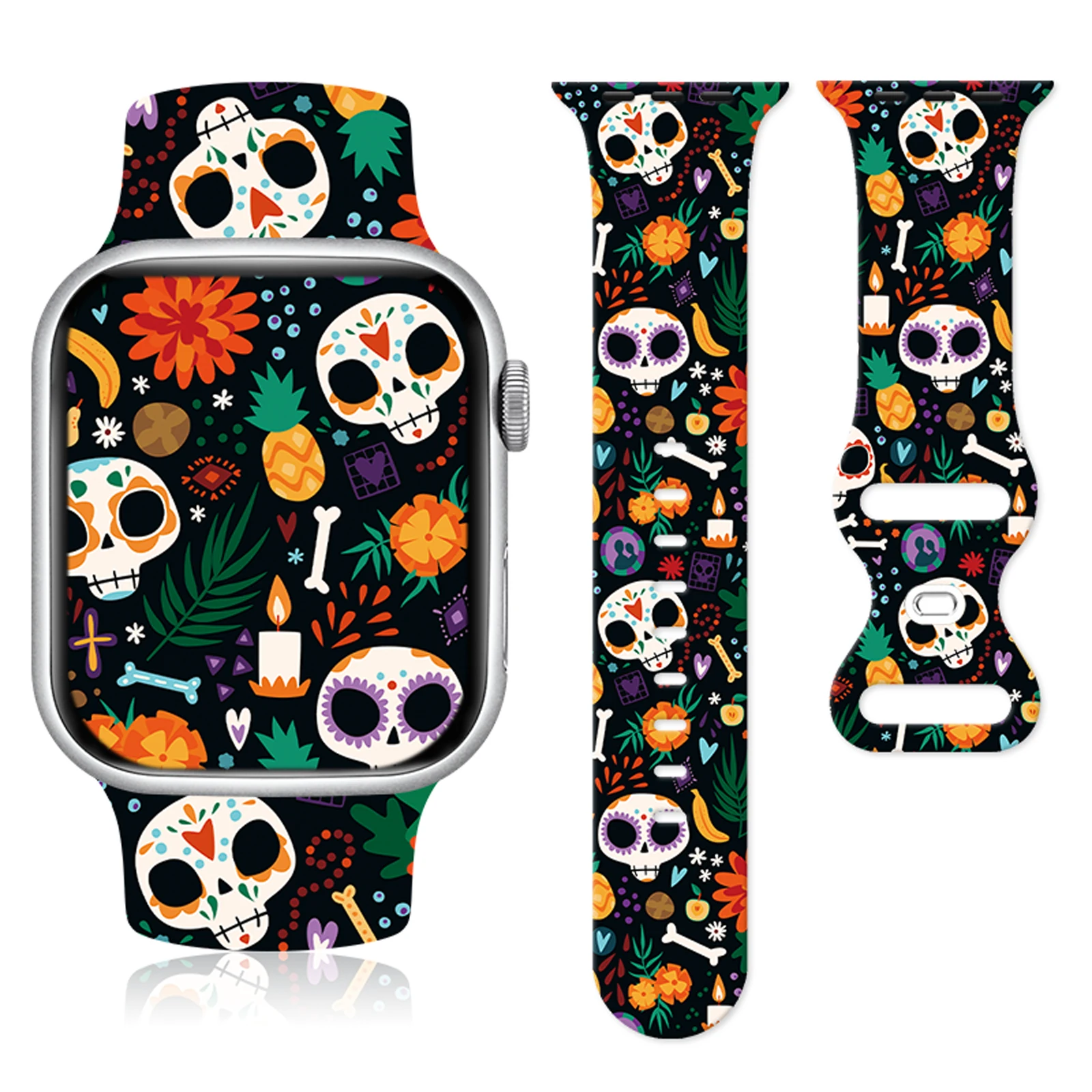 

Scary Dancing Skeleton Print Strap for Apple Watch,Horror Series Silicone Replacement Band for Series 10/9/8/7/SE 45mm 44mm 42mm