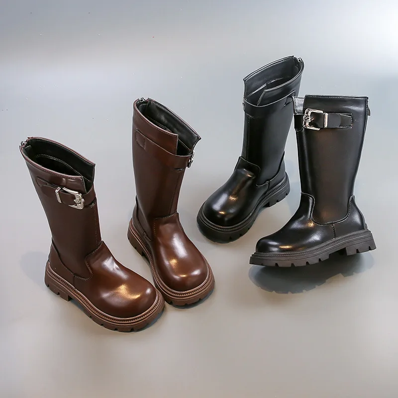 

Winter Children Long Boots Classic Black Brown Girls Fashion Platform Cotton Boots New Simple Kids Causal Catwalk Leather Boots