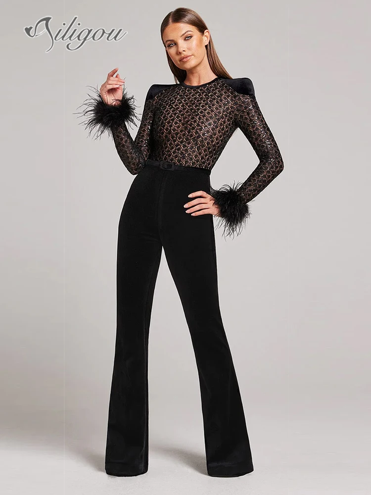 Ailigou 2024 New Summer Women's Black Sexy Long sleeved Feather Tight Bandage jumpsuit Elegant Celebrity Party jumpsuit