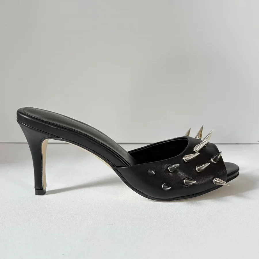 Women Punk Rivets Stiletto High Heel Slippers Outdoors Open Toe Mules Y2K Street Fashion Slip On Sandals Large Size 47