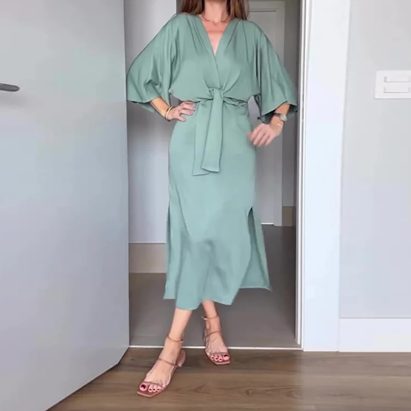 

Elegant Solid V-Neck Female Party Dress Women Temperament Half Sleeve 2025 Midi Dress Mujer Ladies Fashion Tie-up Office Dress